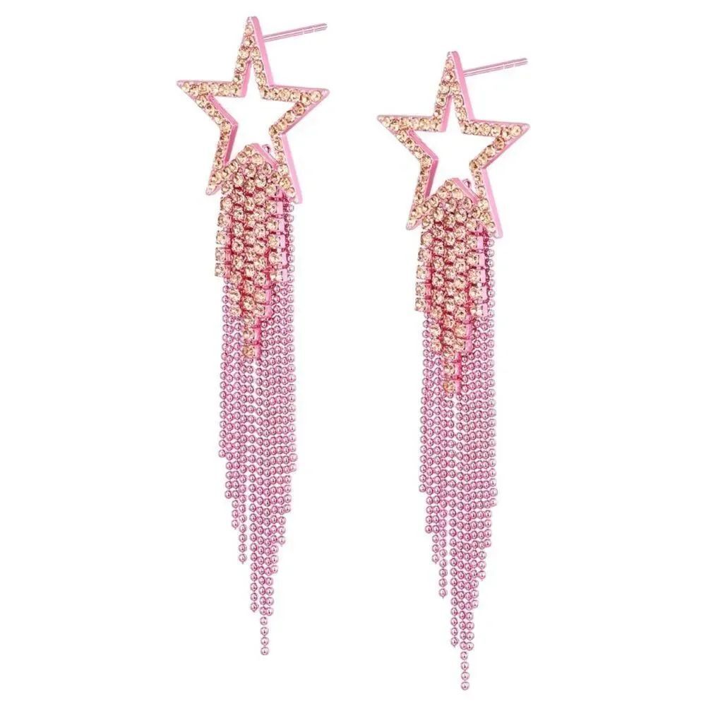 Pink with Pink Sapphire Crystal Star Beaded Tassel Post Back Dangling Earrings